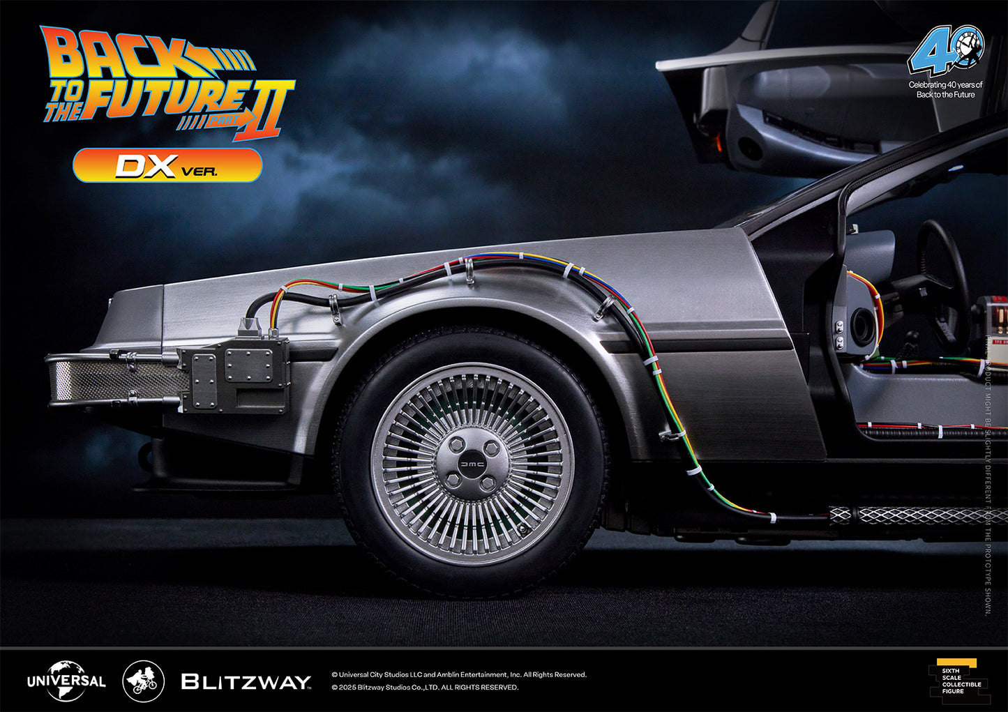 Close-up of left front wheel and wiring on Blitzway Back to the Future Part II Time Machine DX Version with open door.