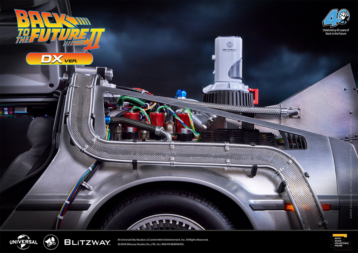 Close-up of Mr. Fusion reactor and side wiring details on Blitzway Back to the Future Part II Time Machine DX Version.