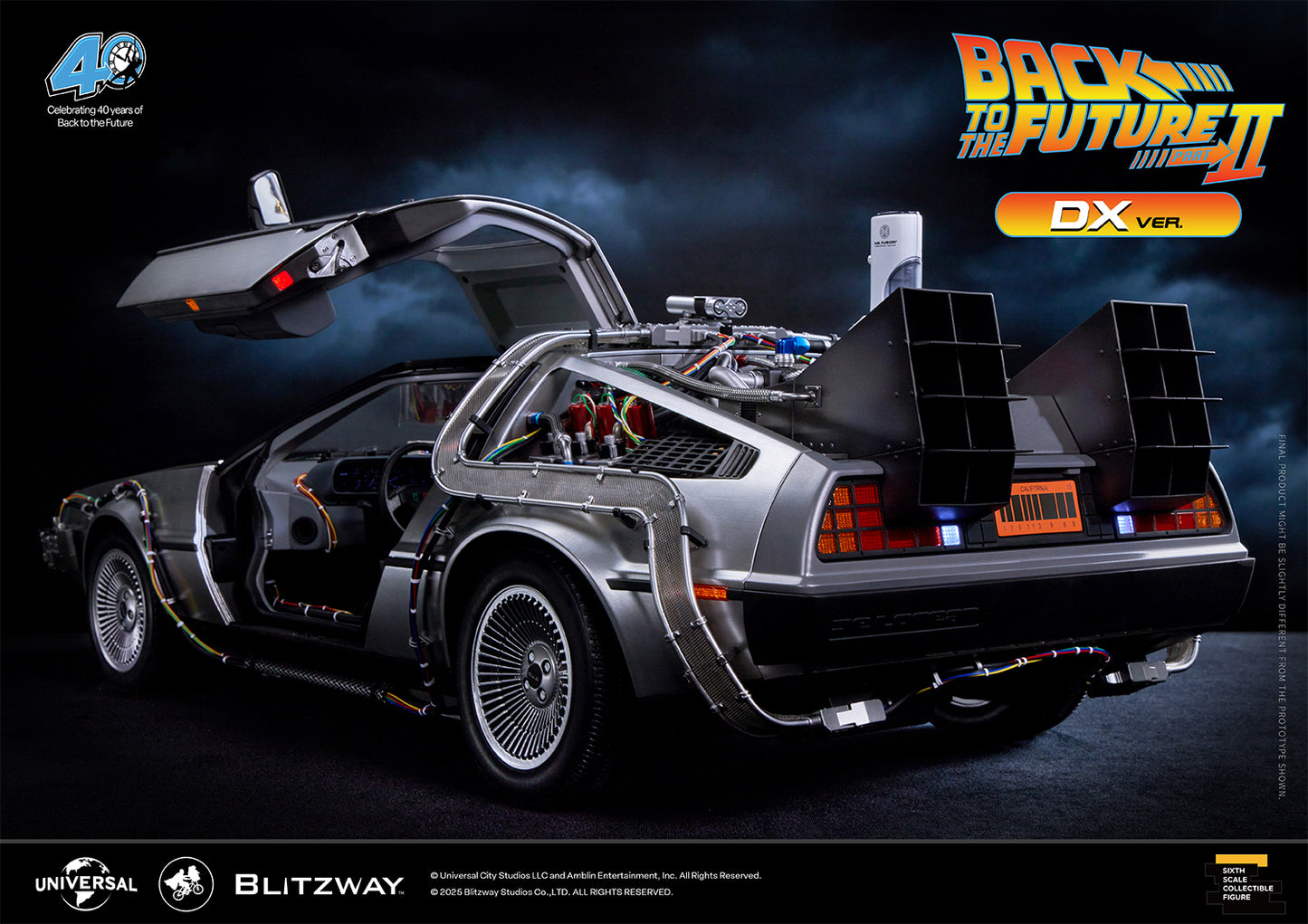 Rear view of Blitzway Back to the Future Part II Time Machine DX Version with open gull-wing doors and exposed engine and wiring.