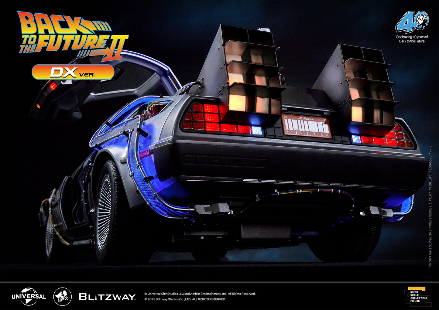 Rear engine and light details of Blitzway Back to the Future Part II Time Machine DX Version with glowing vents and open door.