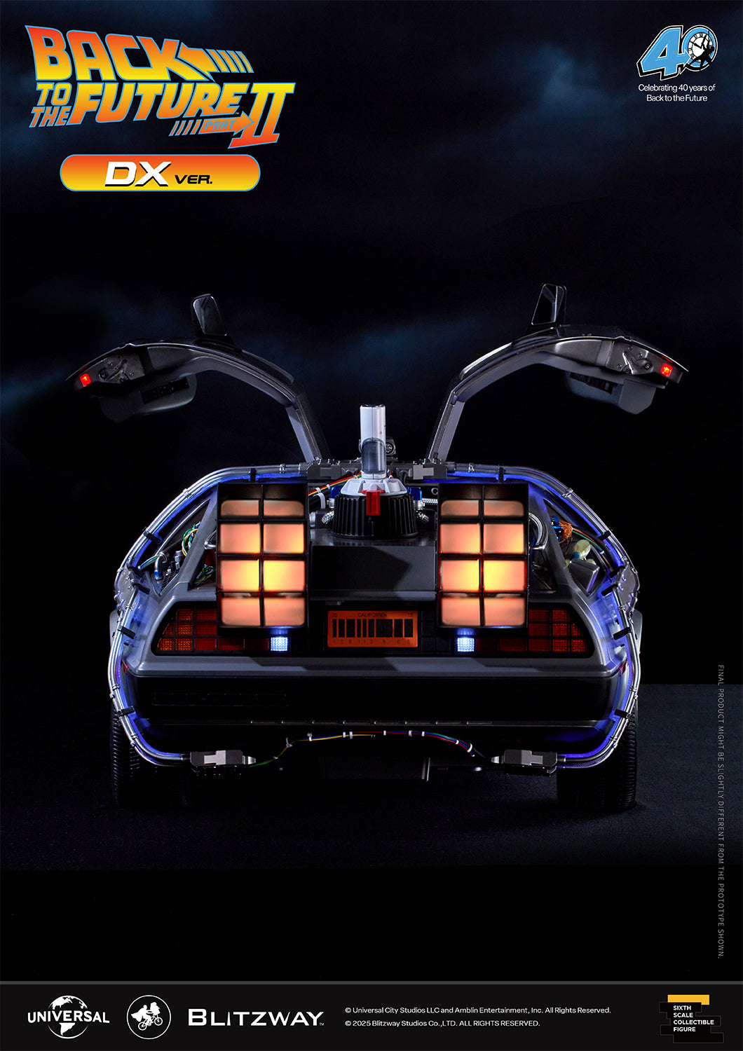 Full rear view of Blitzway Back to the Future Part II Time Machine DX Version with both gull-wing doors raised and illuminated engine vents.