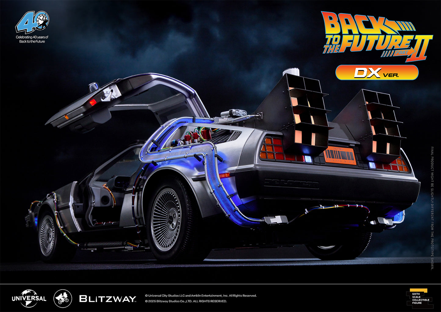 ear right view of Blitzway Back to the Future Part II Time Machine DX Version with gull-wing doors open and blue LED tubing illuminated.