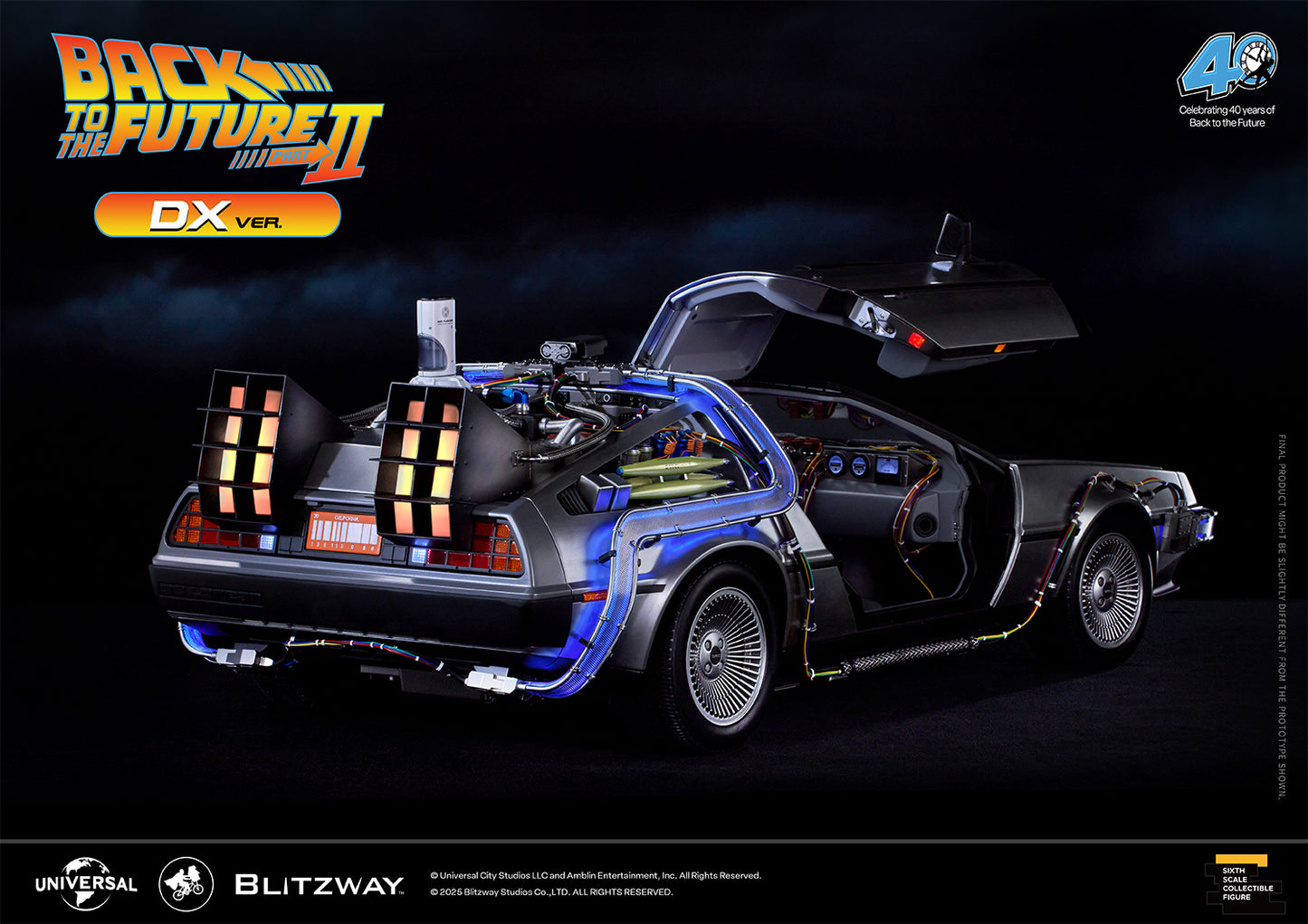 Rear side view of Blitzway Back to the Future Part II Time Machine DX Version with open gull-wing doors and detailed wiring.
