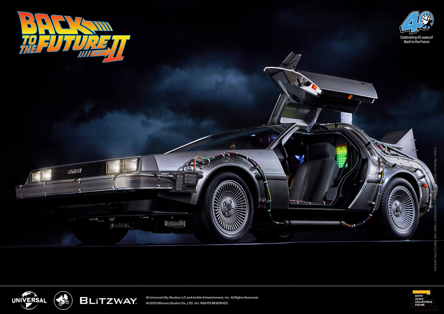 Back to the Future Part II DeLorean Time Machine with the driver's gullwing door open, showcasing interior lights and detailed dashboard.