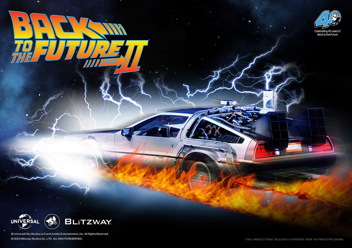 Back to the Future Part II DeLorean Time Machine racing forward with fiery tire tracks and lightning streaks in a dark sky.