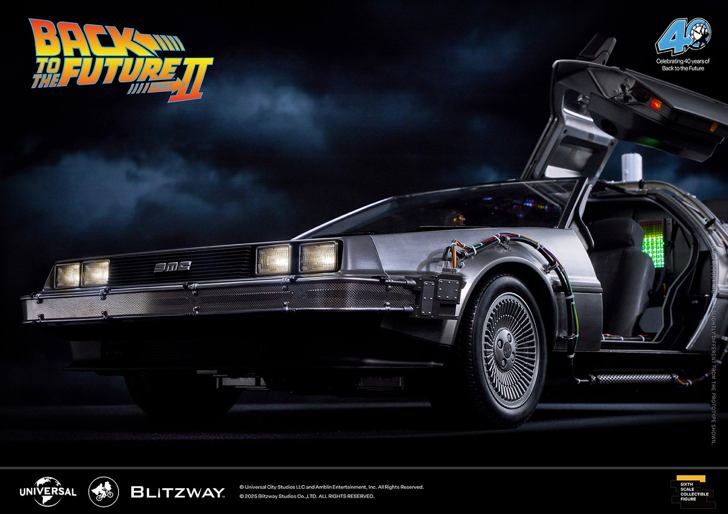 Front angle view of the Back to the Future Part II DeLorean Time Machine with the gullwing door open, showcasing detailed headlights and cockpit interior.