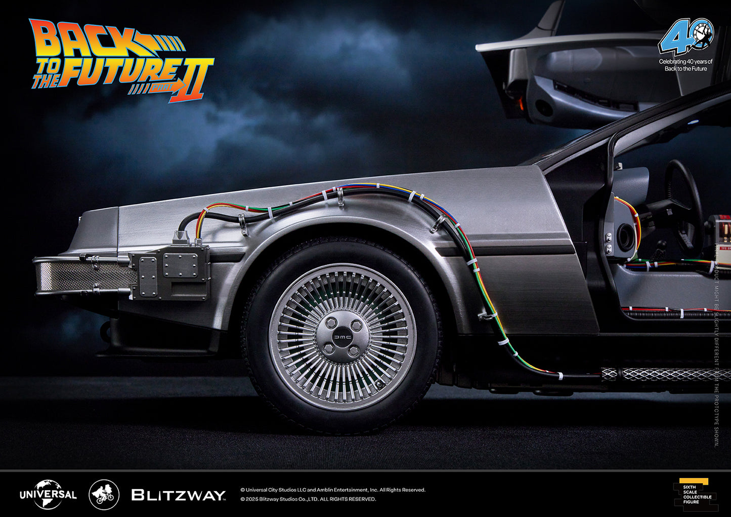Close-up of the front wheel and wiring details on the Back to the Future Part II DeLorean Time Machine, showcasing realistic textures and movie-accurate components.