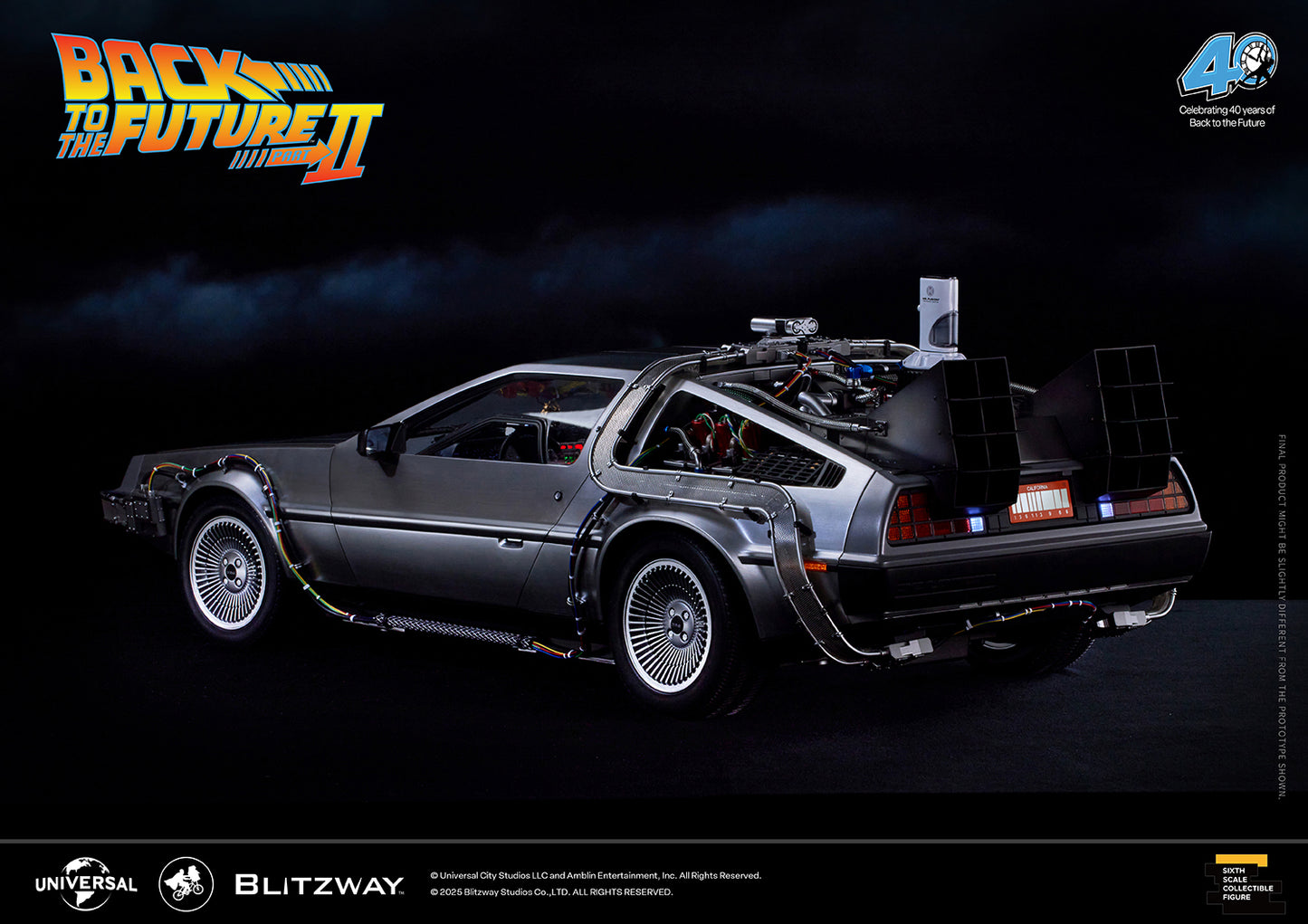 Full rear side view of the Back to the Future Part II DeLorean Time Machine, showcasing the car’s iconic design, fusion reactor, and movie-accurate details.