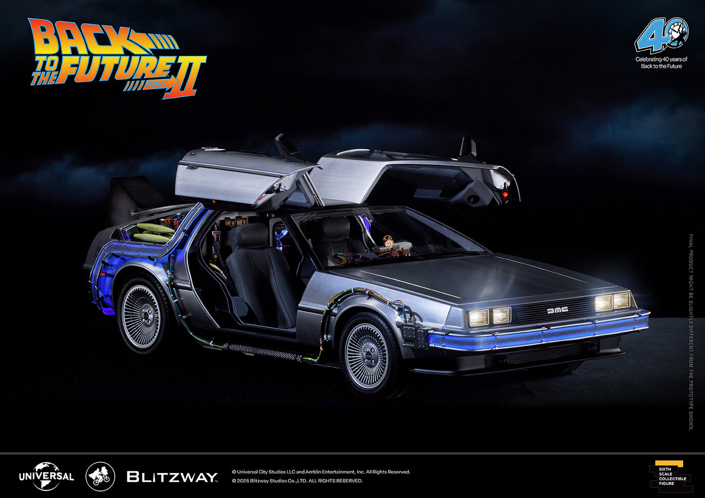 Back to the Future Part II DeLorean Time Machine with both gullwing doors open, revealing a detailed interior and glowing blue lights.