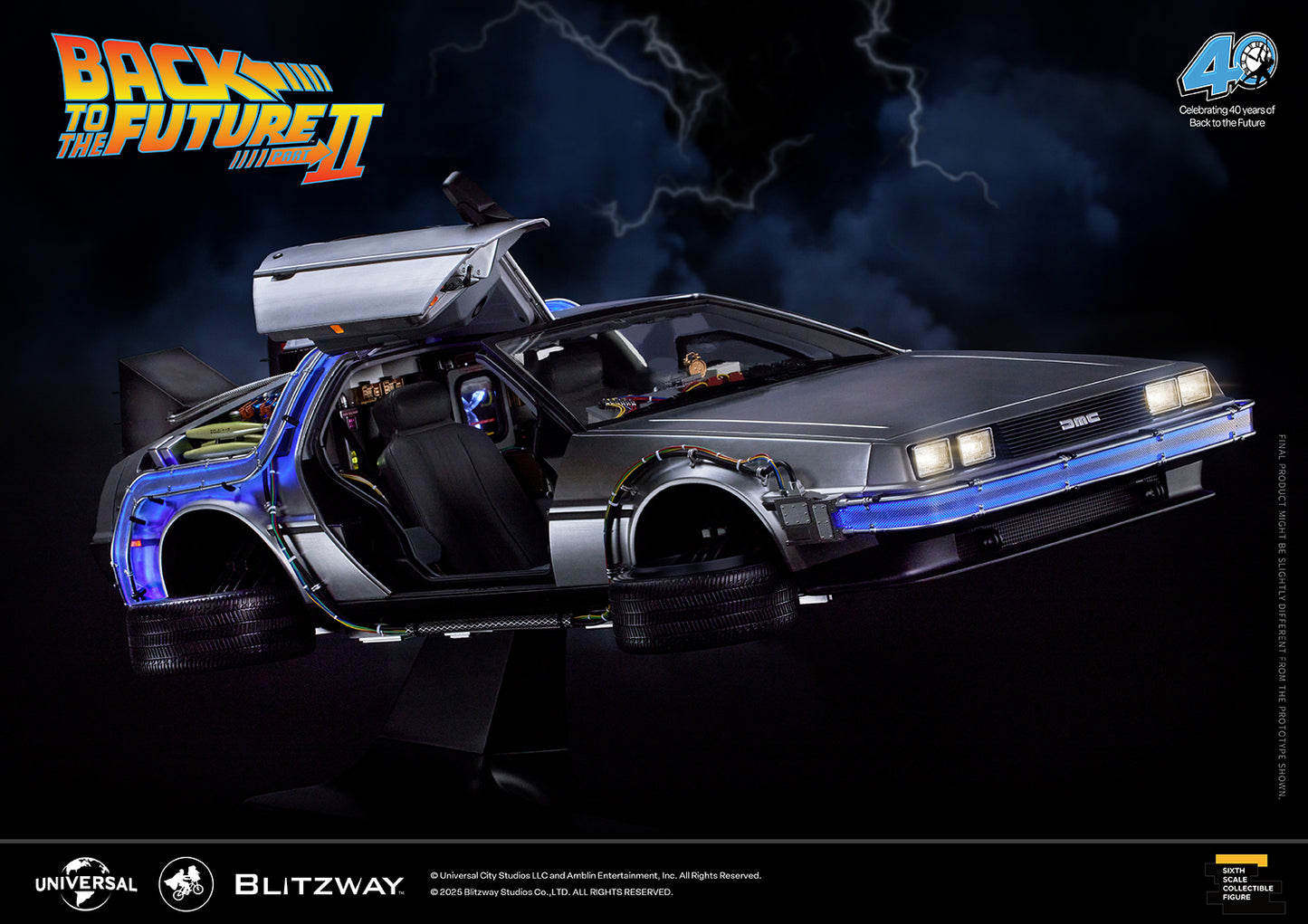 Back to the Future Part II DeLorean Time Machine in hover mode with the driver’s door open, showcasing interior lighting and floating wheels.