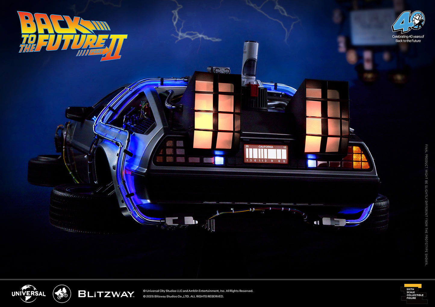 Back to the Future Part II DeLorean Time Machine in hover mode, shown from the rear with glowing lights and wheels turned downward.