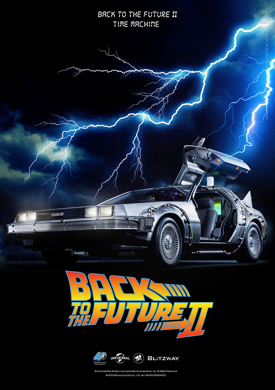 Back to the Future Part II DeLorean Time Machine with gullwing door open, under dramatic lightning in the night sky.