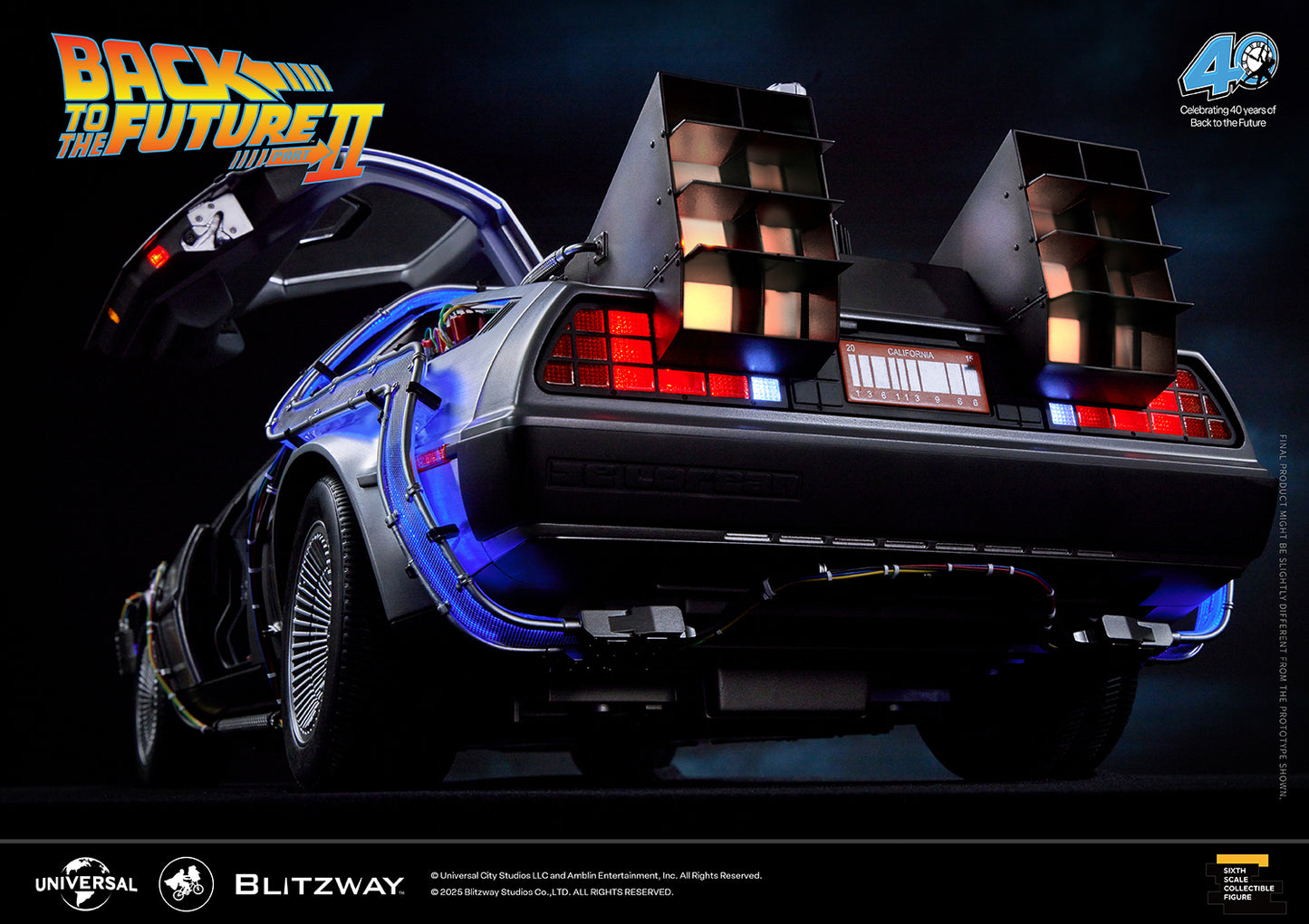 Close-up rear view of the Back to the Future Part II DeLorean Time Machine, showing illuminated tail lights, exhaust vents, and detailed wiring.