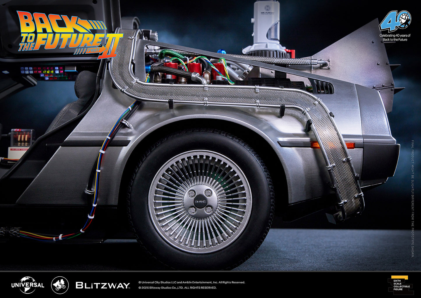 Close-up of the Back to the Future Part II DeLorean Time Machine’s rear wheel and reactor area, featuring intricate wiring and realistic mechanical detailing.
