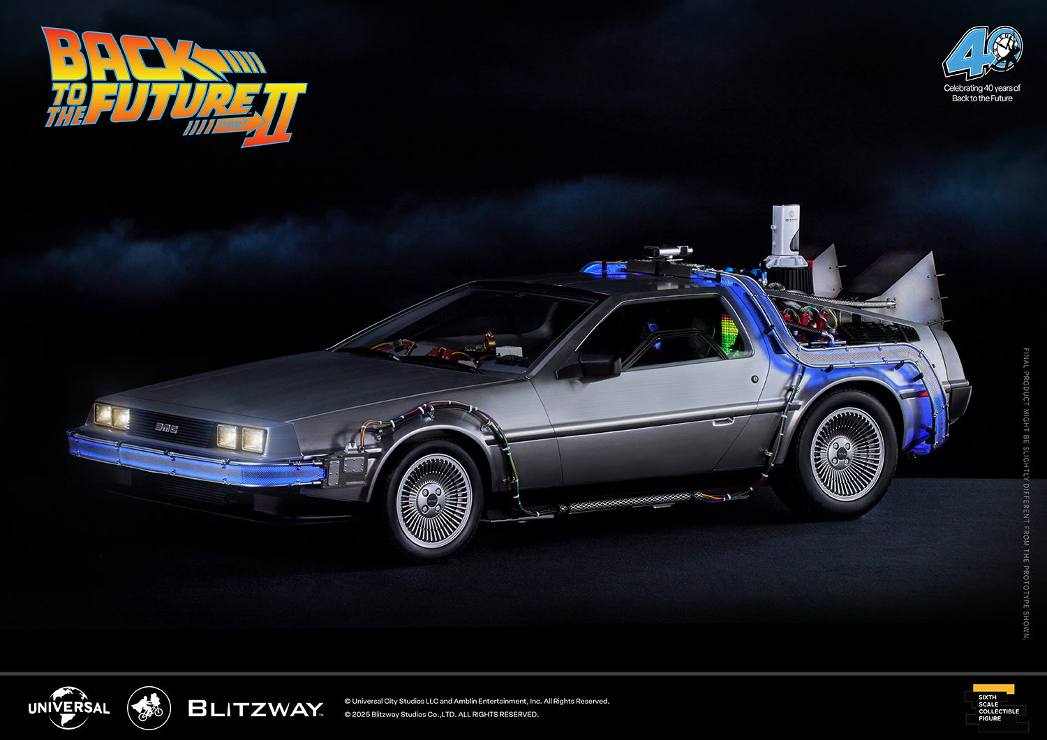 Side view of the Back to the Future Part II DeLorean Time Machine with detailed components and lighting effects on a dark background.