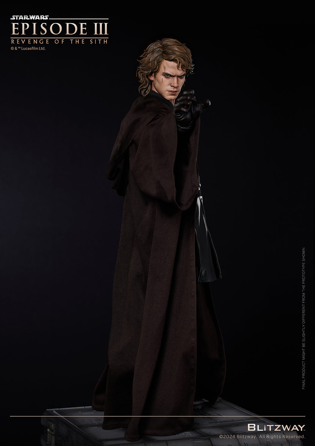 Anakin Skywalker in dark Jedi robe, extending his mechanical hand backward – Blitzway 1/4 scale action statue from Star Wars: Revenge of the Sith
