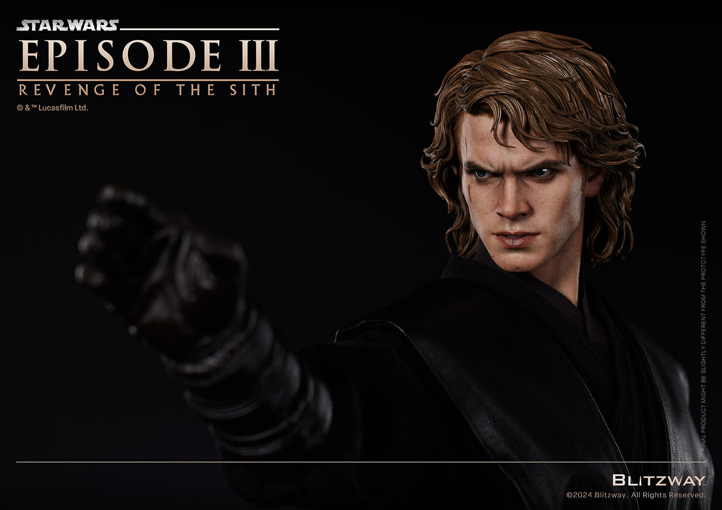 Blitzway 1/4 scale Anakin Skywalker action statue from Star Wars: Episode III – Revenge of the Sith, showcasing a close-up of his intense expression and raised cybernetic arm in a dark side pose