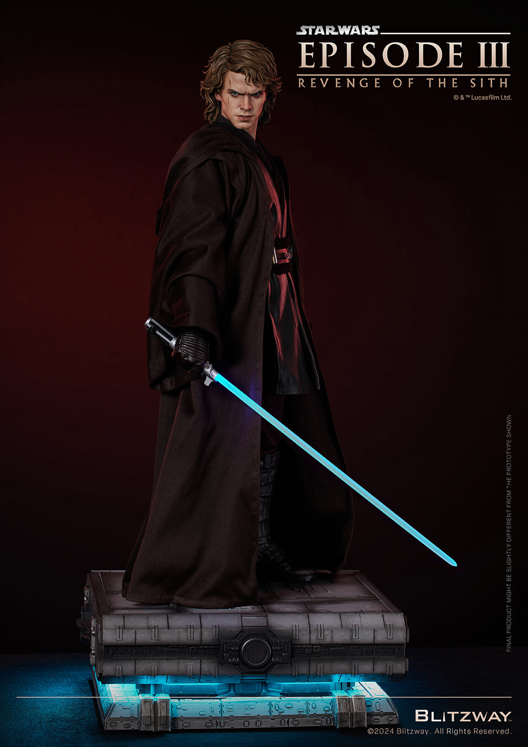 Blitzway 1/4 scale Anakin Skywalker statue standing on illuminated Sith base with blue lightsaber drawn – Star Wars: Revenge of the Sith
