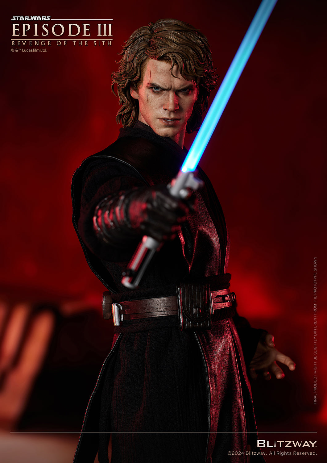 Anakin Skywalker Action Statue by Blitzway in a dynamic pose, pointing his ignited blue lightsaber with intense focus from Star Wars: Episode III – Revenge of the Sith.