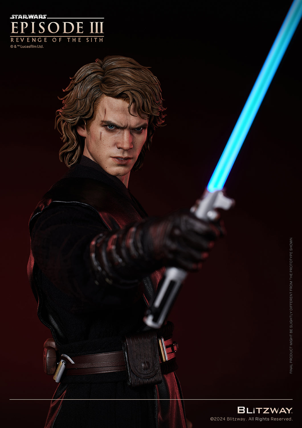 Close-up of Blitzway's 1/4 scale Anakin Skywalker Action Statue holding a blue lightsaber, inspired by Star Wars: Episode III – Revenge of the Sith.