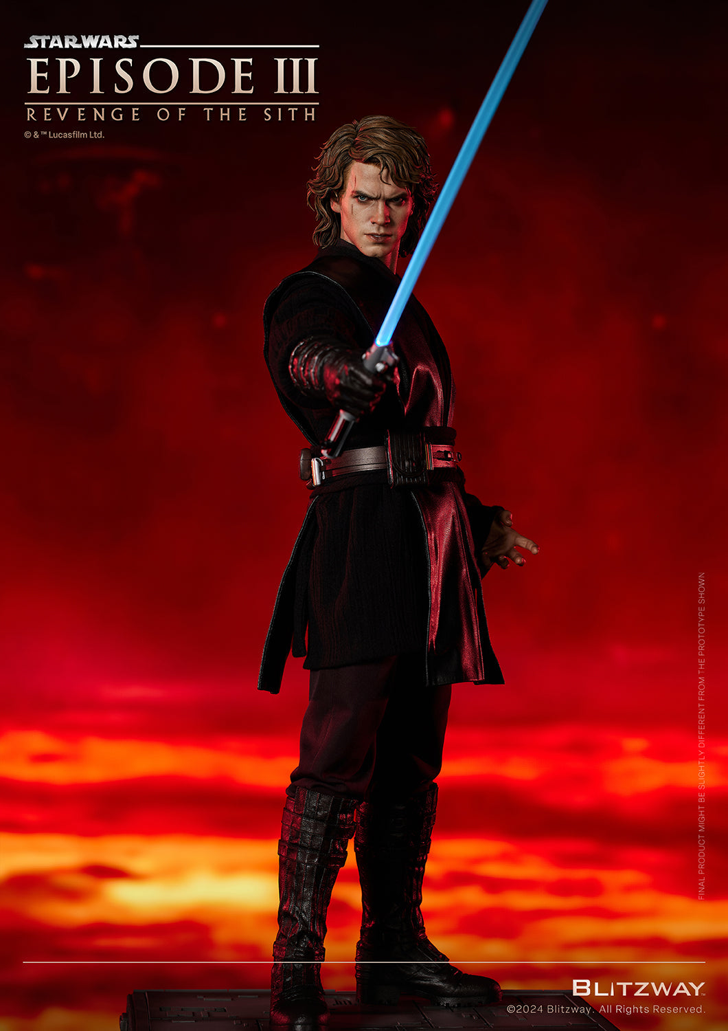 "Blitzway 1/4 Scale Anakin Skywalker Action Statue in a full-body duel stance on lava terrain, from Star Wars: Episode III – Revenge of the Sith."