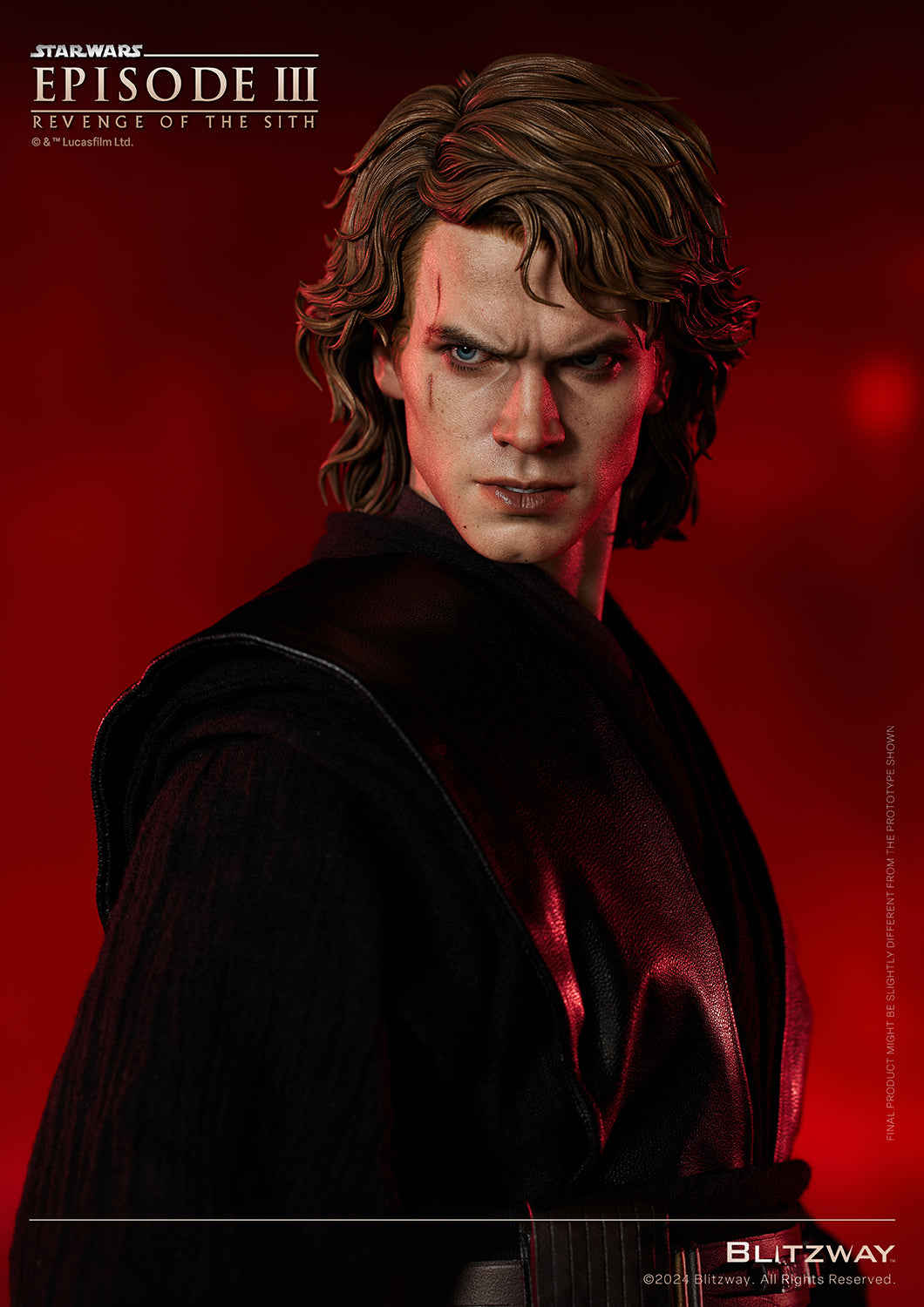 Close-up of Blitzway’s Anakin Skywalker Action Statue with intense expression and battle scars, from Star Wars: Episode III – Revenge of the Sith.