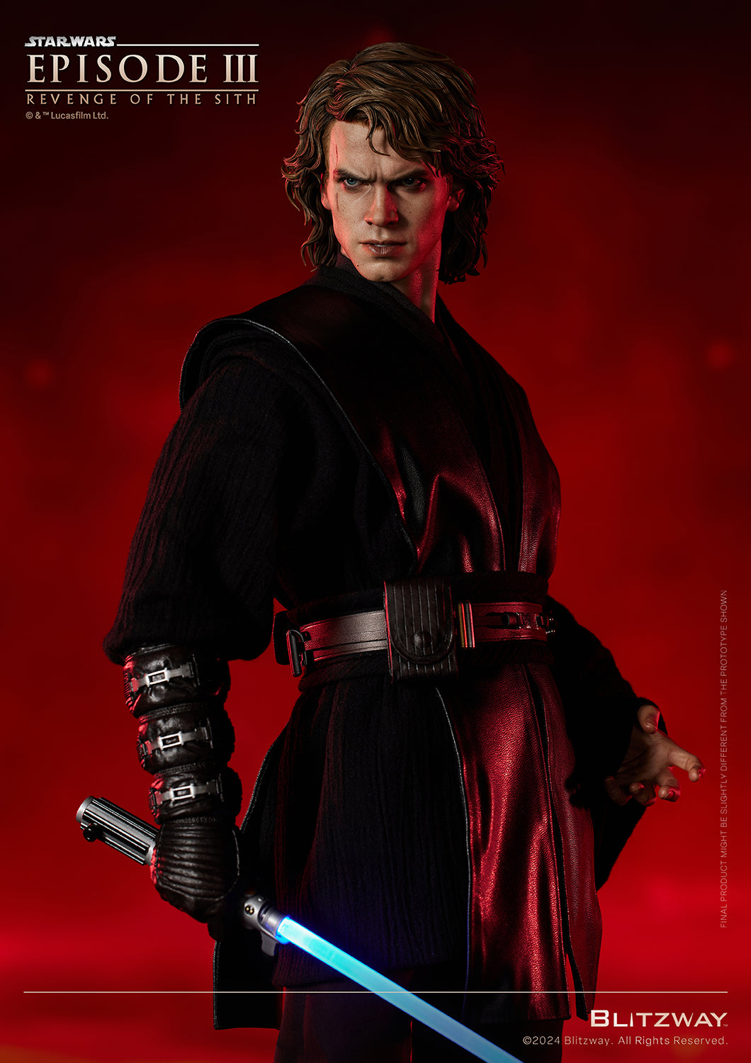 Blitzway Anakin Skywalker Action Statue in a dark side pose with intense expression and blue lightsaber, from Star Wars: Episode III – Revenge of the Sith.