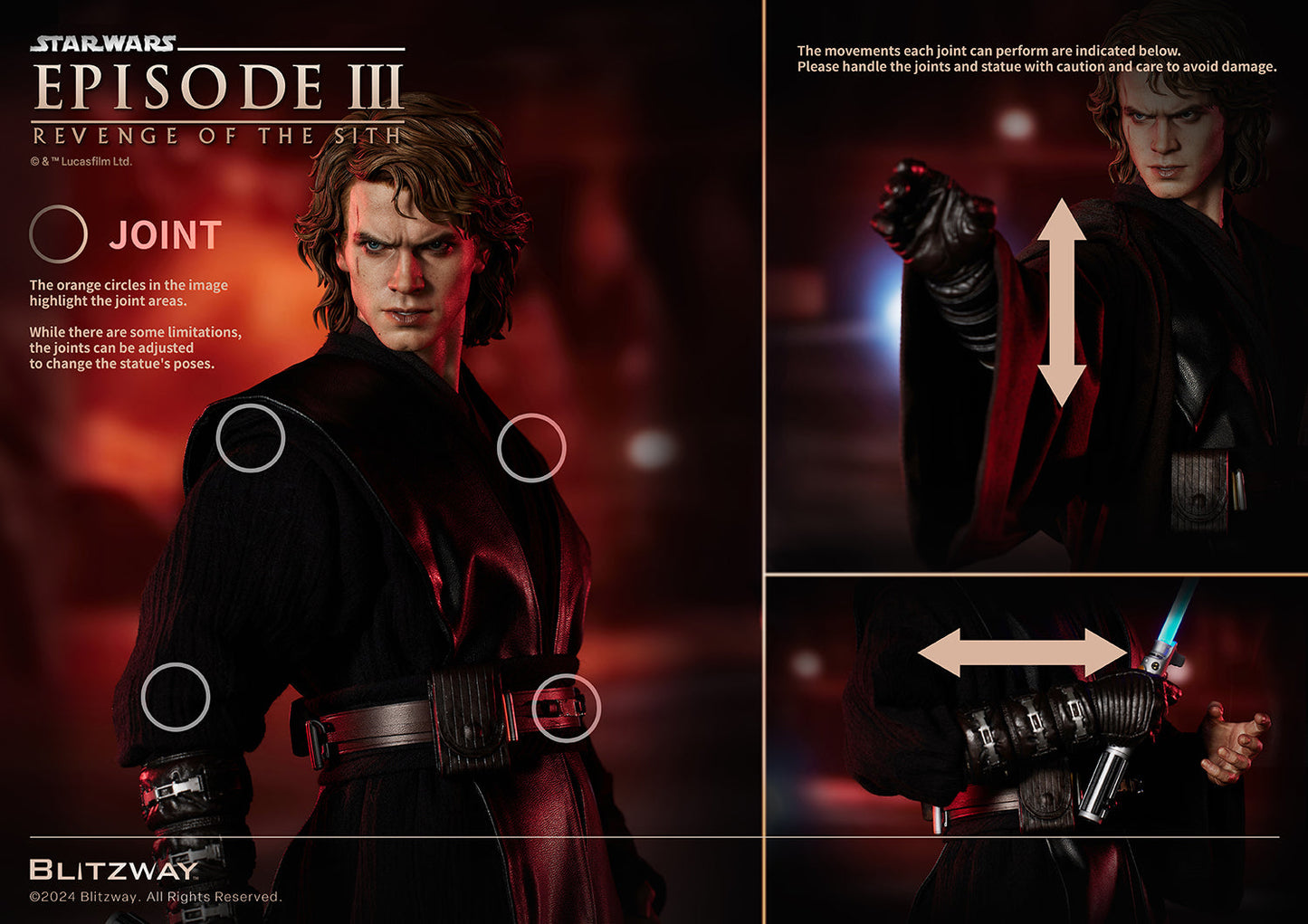 Articulation guide for Anakin Skywalker statue from Star Wars Episode III, showing adjustable joints in the shoulders, elbows, and waist with arrows indicating movement directions.