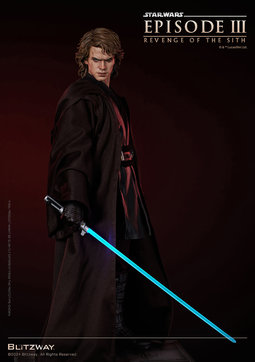 Anakin Skywalker from Star Wars Episode III holding a blue lightsaber, wearing a dark Jedi robe, against a red background.