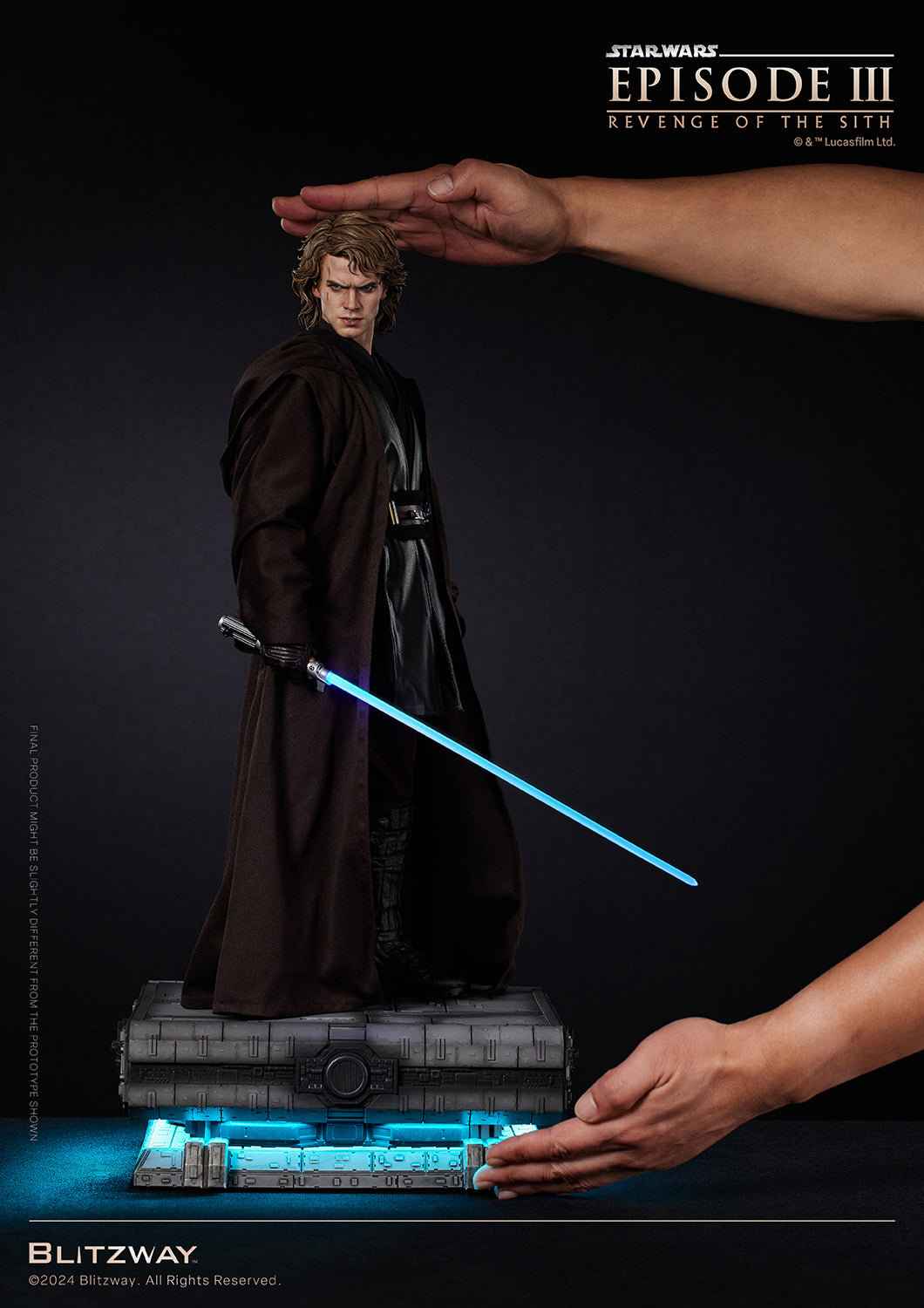 Anakin Skywalker 1/4 scale statue from Star Wars Episode III with a blue lightsaber, shown with human hands for size reference, standing on a light-up display base.