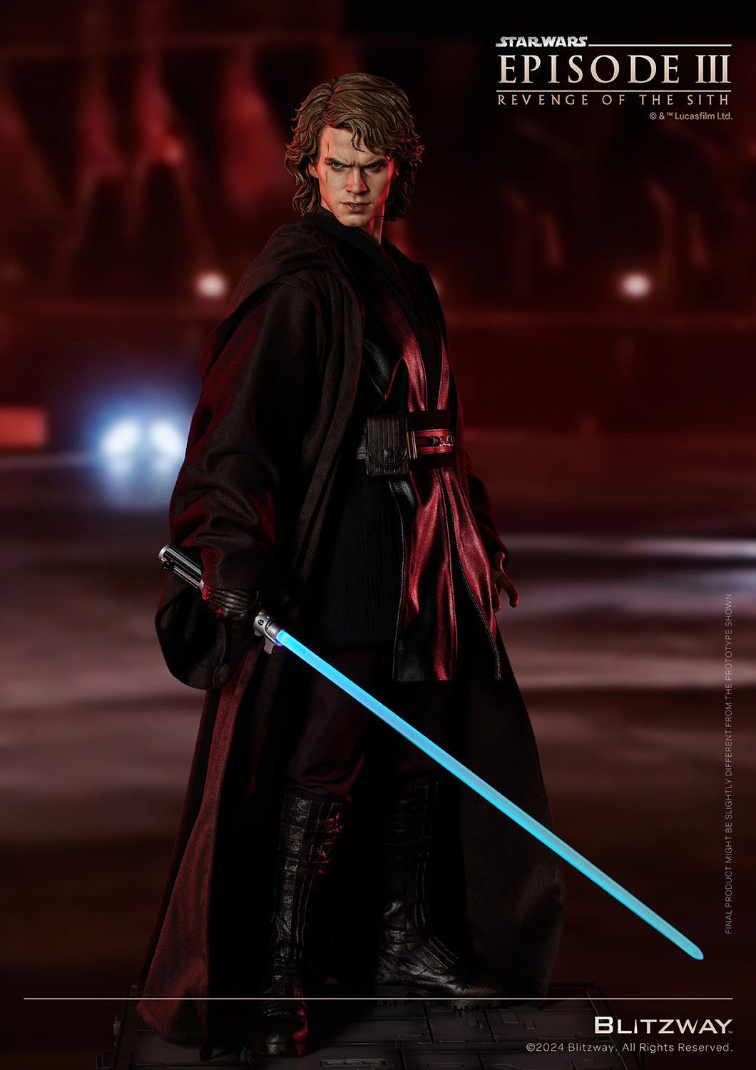 Blitzway 1/4 Scale Anakin Skywalker Statue from Star Wars Episode III standing in full-body pose with blue lightsaber ignited