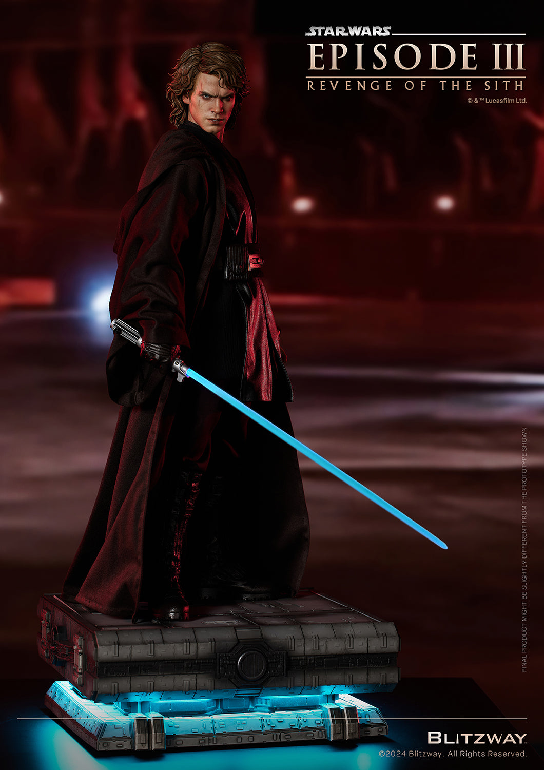 Blitzway Anakin Skywalker 1/4 Scale Statue with illuminated base and blue lightsaber from Star Wars Episode III