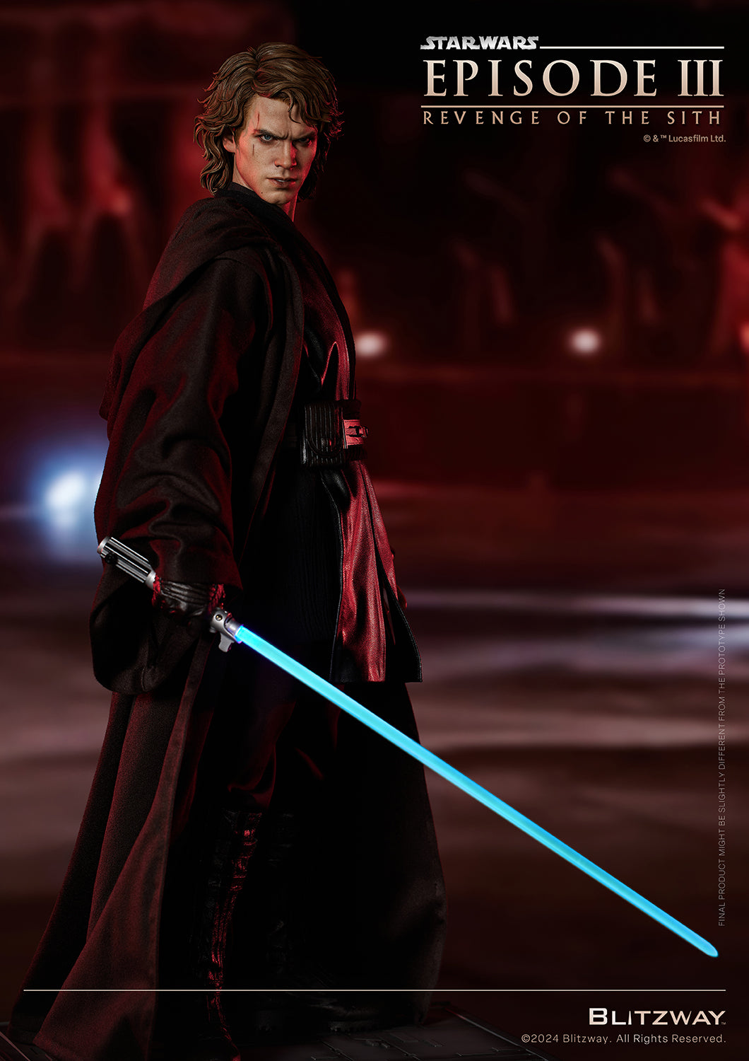 Blitzway 1/4 Scale Anakin Skywalker Action Statue wearing Jedi robe, holding blue lightsaber from Star Wars Episode III