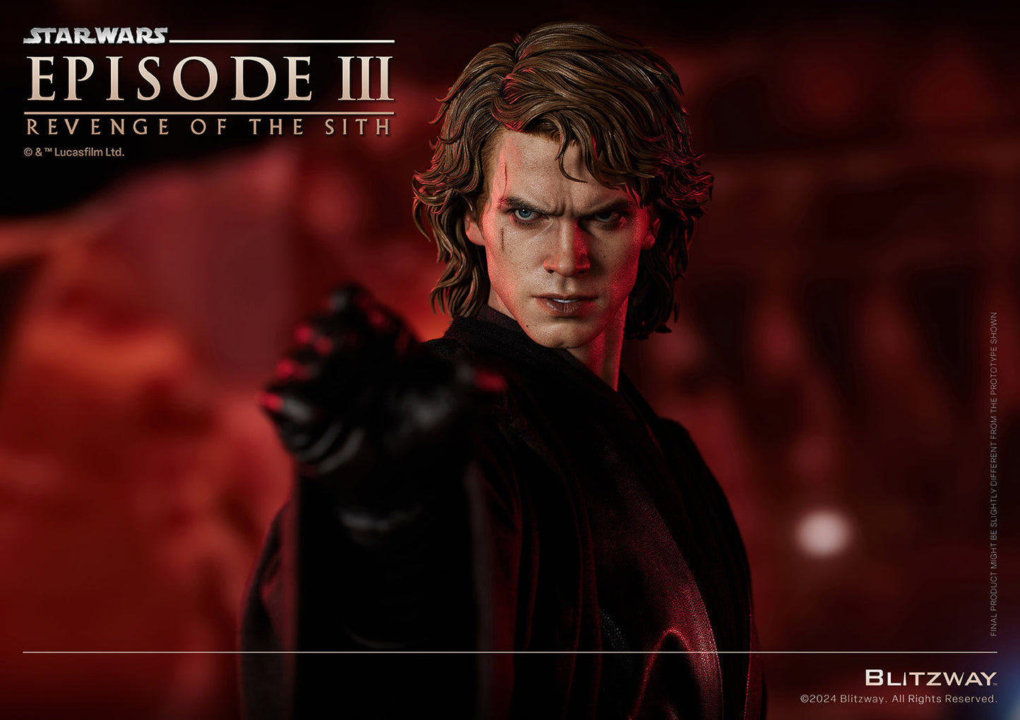 Close-up of Blitzway’s 1/4 Scale Anakin Skywalker Standard Version extending his gloved hand in a Force pose – Star Wars Episode III: Revenge of the Sith