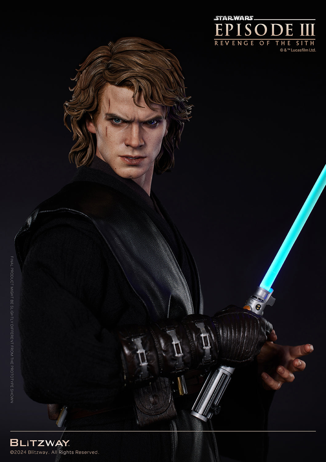 Detailed close-up of Blitzway's 1/4 scale Anakin Skywalker Standard Version statue holding a blue lightsaber from Star Wars: Episode III – Revenge of the Sith