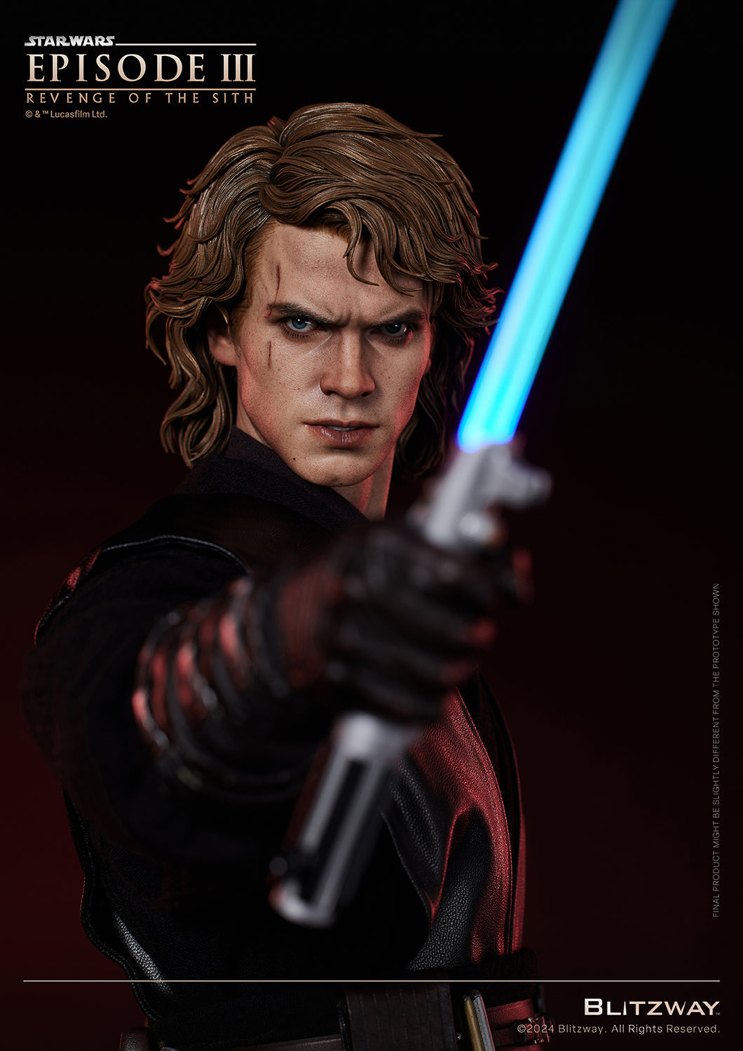 Close-up of Blitzway's 1/4 scale Anakin Skywalker Standard Version action statue from Star Wars: Episode III, pointing his blue lightsaber forward with an intense expression.
