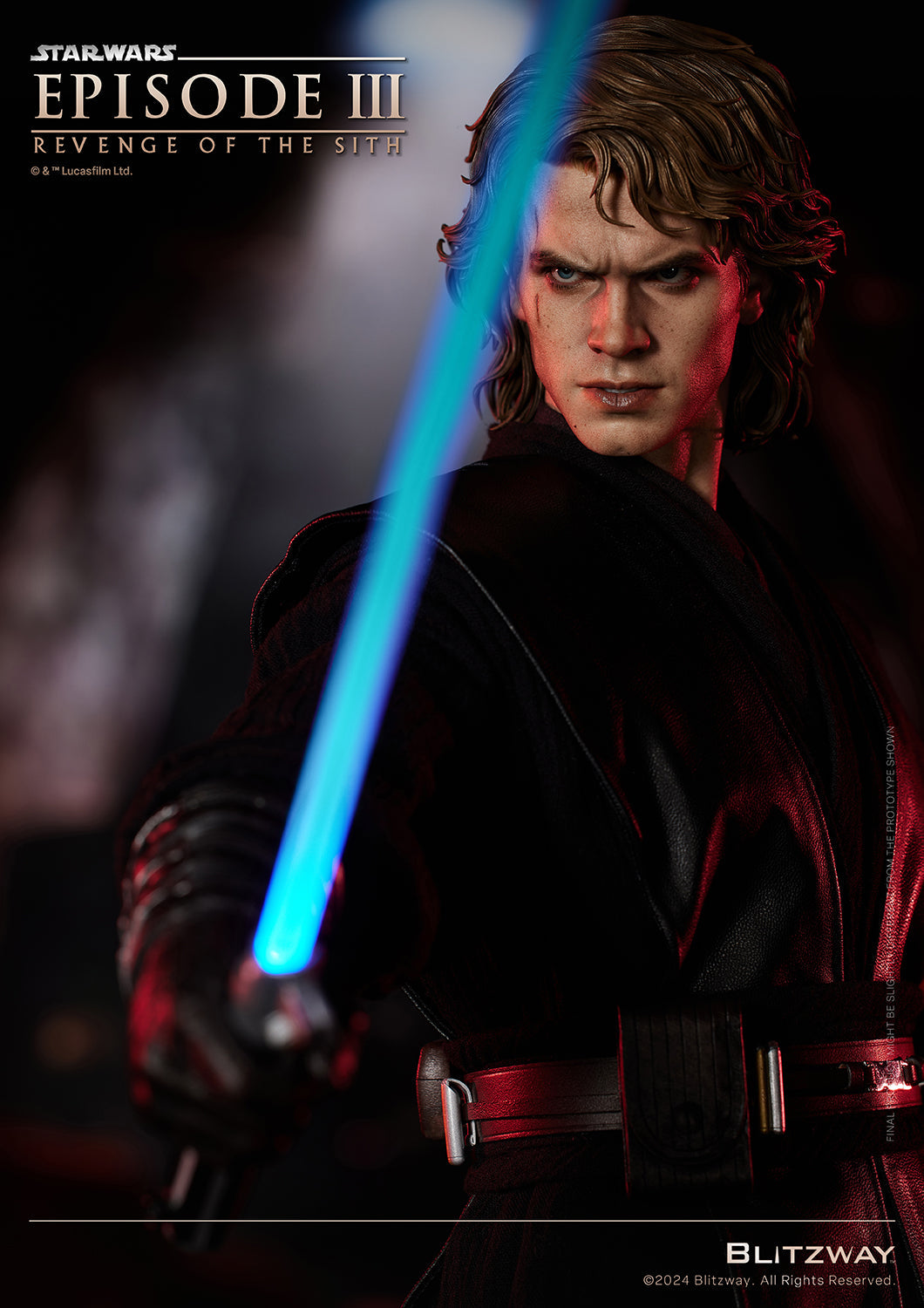 Close-up of Blitzway's 1/4 scale Anakin Skywalker Standard Version statue from Star Wars: Episode III, slashing forward with a blue lightsaber and intense facial expression.