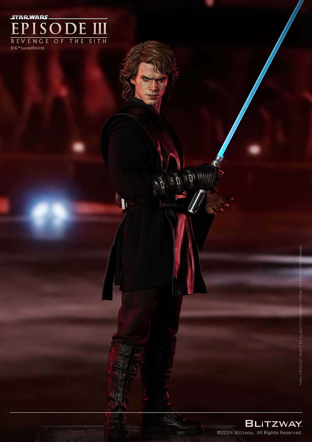 Anakin Skywalker Standard Version action statue by Blitzway, showcasing a full-body pose with blue lightsaber against a dark lava battlefield backdrop from Star Wars Episode III.