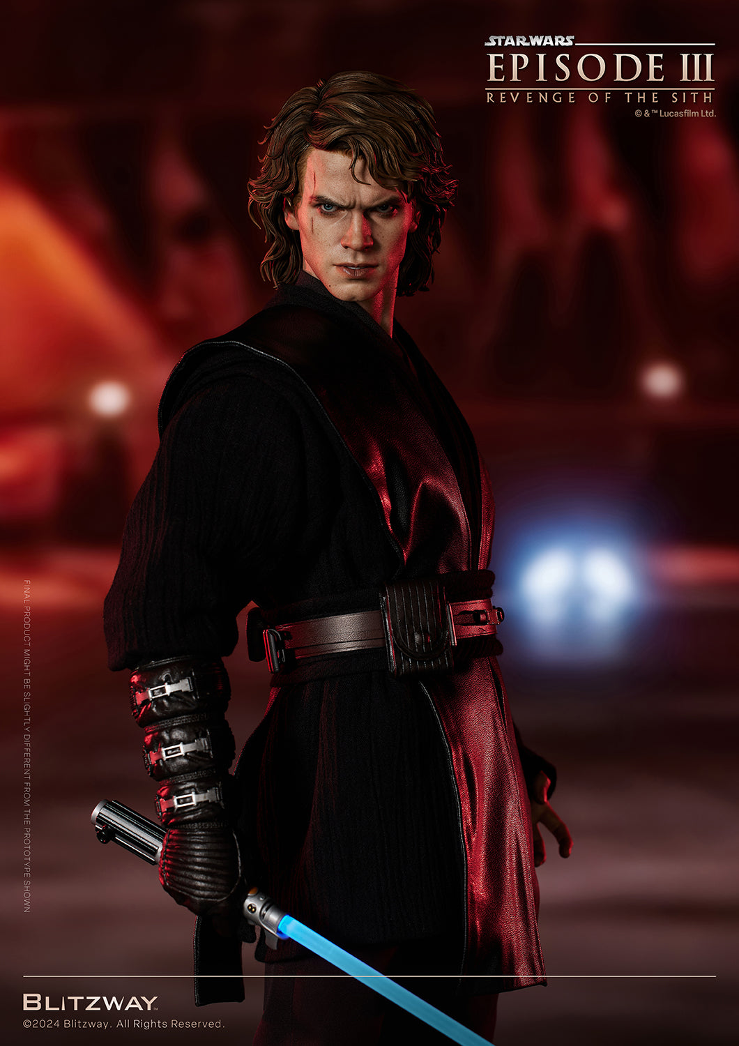 Blitzway 1/4 scale Anakin Skywalker action statue in battle-ready pose holding blue lightsaber, from Star Wars Episode III.