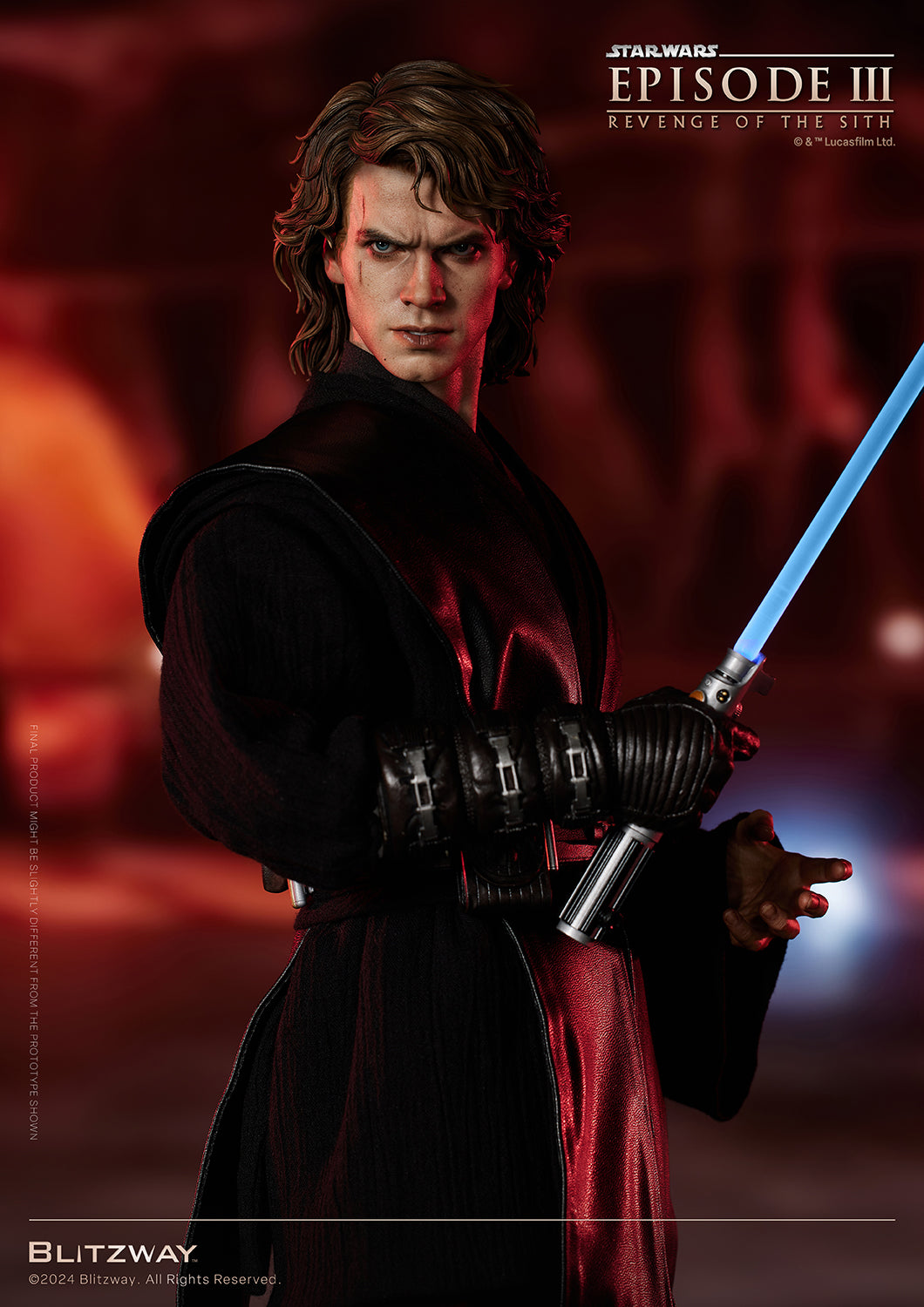 Blitzway 1/4 scale Anakin Skywalker Standard Version statue with ignited blue lightsaber, turning his gaze with tension from Star Wars Episode III.