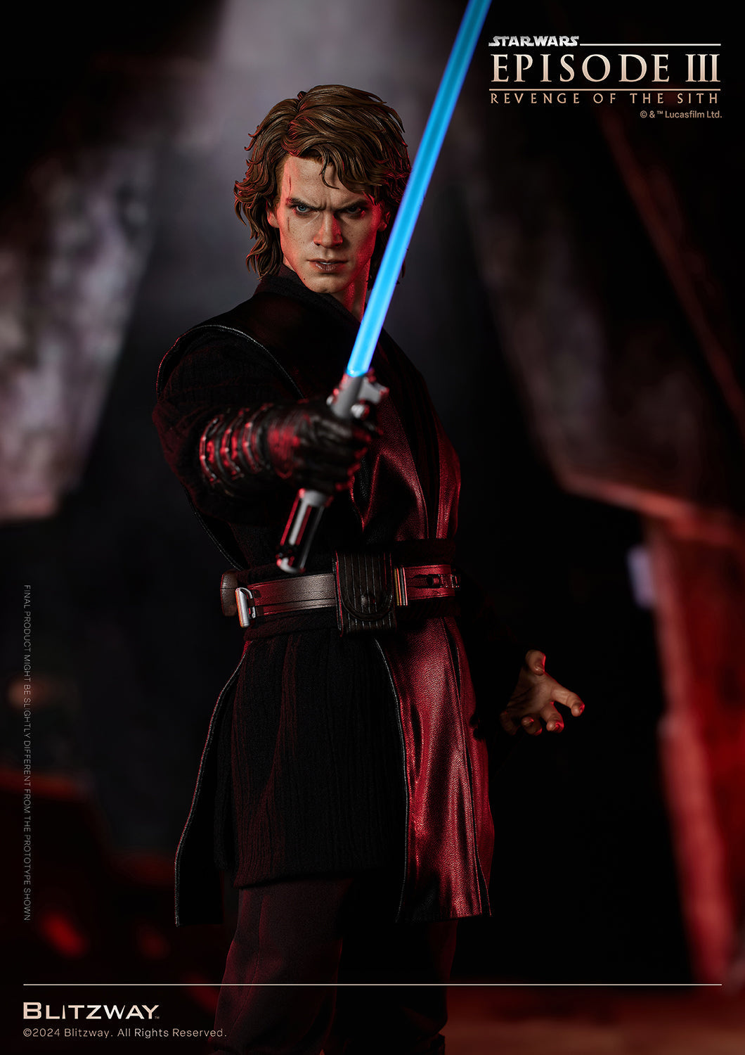Blitzway 1/4 scale Anakin Skywalker statue in dark setting, pointing blue lightsaber forward with intense expression from Star Wars Episode III.