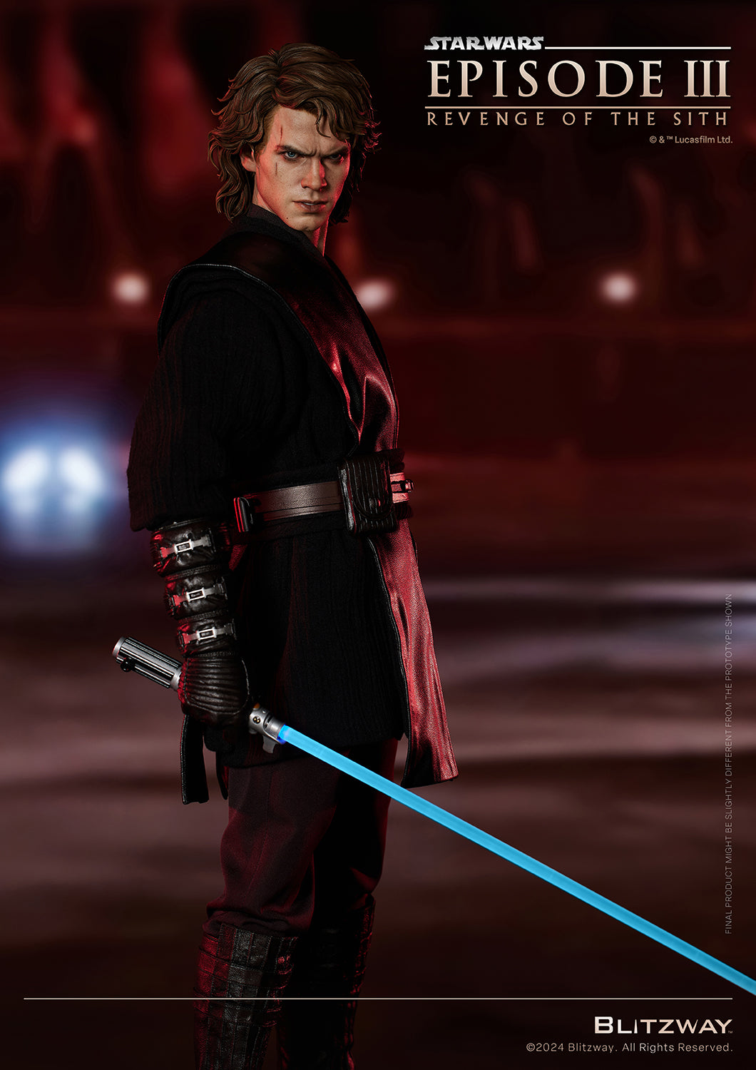 Blitzway Star Wars 1/4 scale Anakin Skywalker Standard Version action statue posed with lightsaber in a red-lit background, from Revenge of the Sith