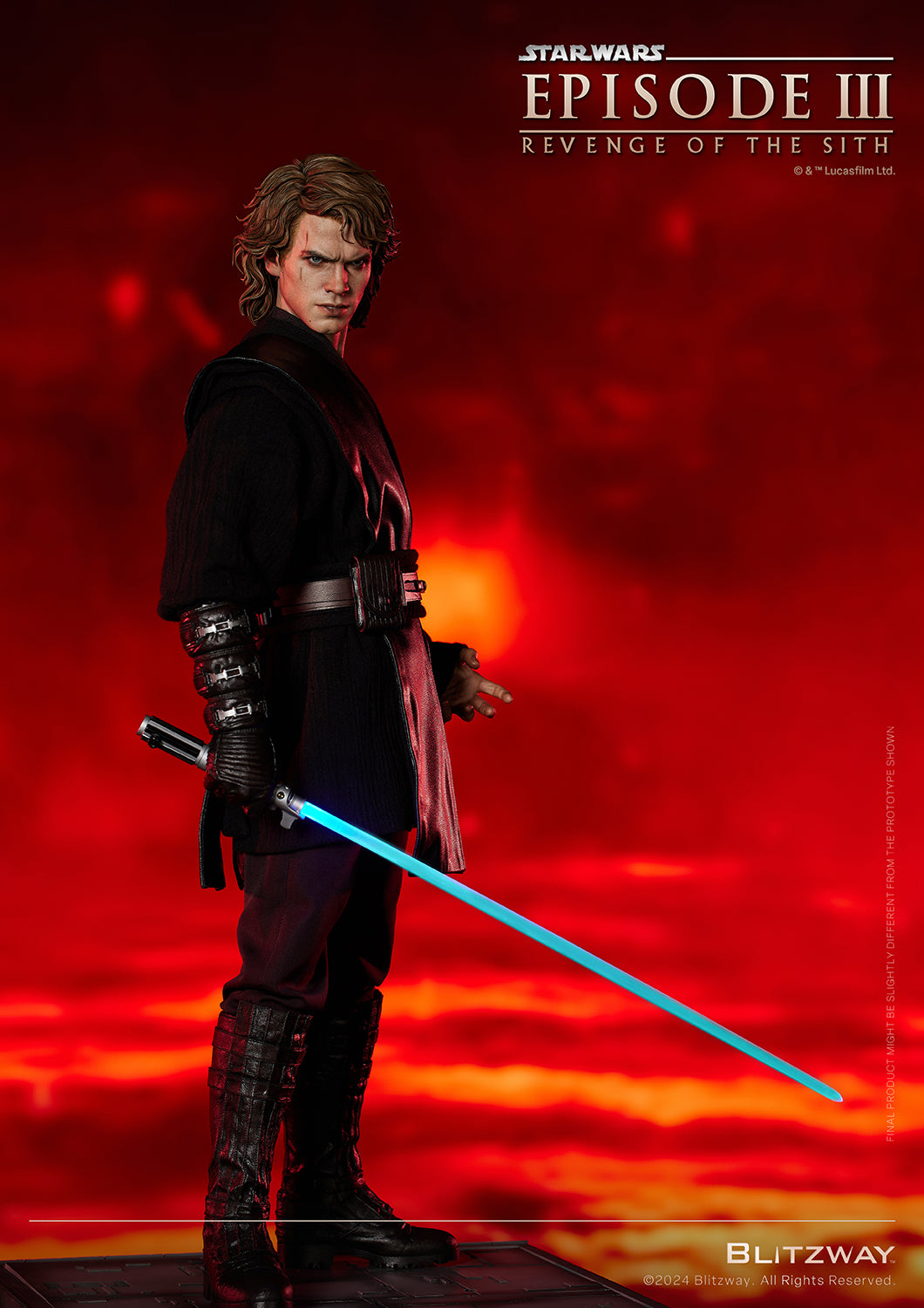 Blitzway Anakin Skywalker 1/4 Scale Action Statue Standard Version, side pose with blue lightsaber on fiery Mustafar background from Star Wars Episode III: Revenge of the Sith