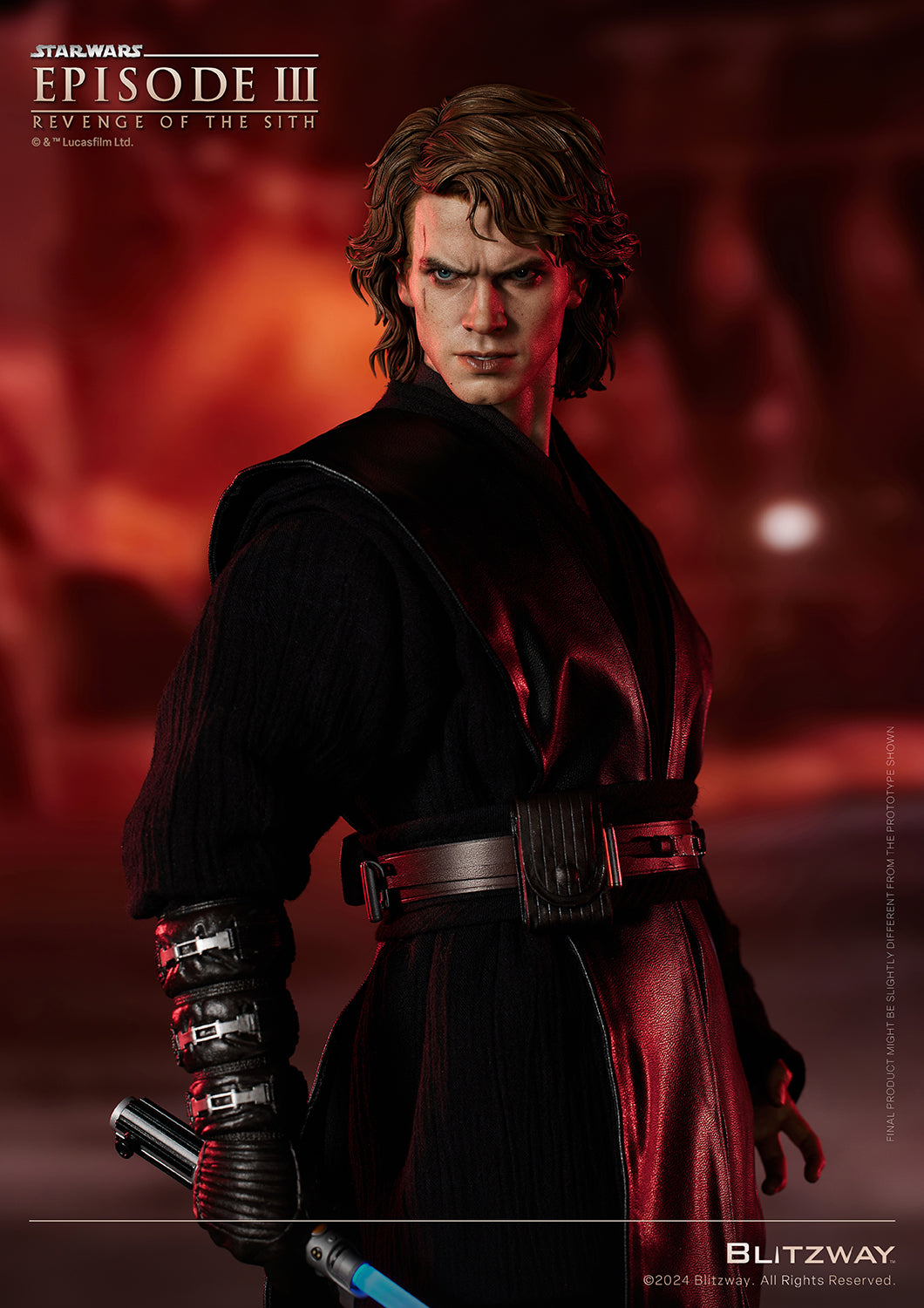 Blitzway 1/4 scale Anakin Skywalker Standard Version statue in a fierce gaze pose, holding his lightsaber with Sith energy against a lava-lit background from Star Wars Episode III.