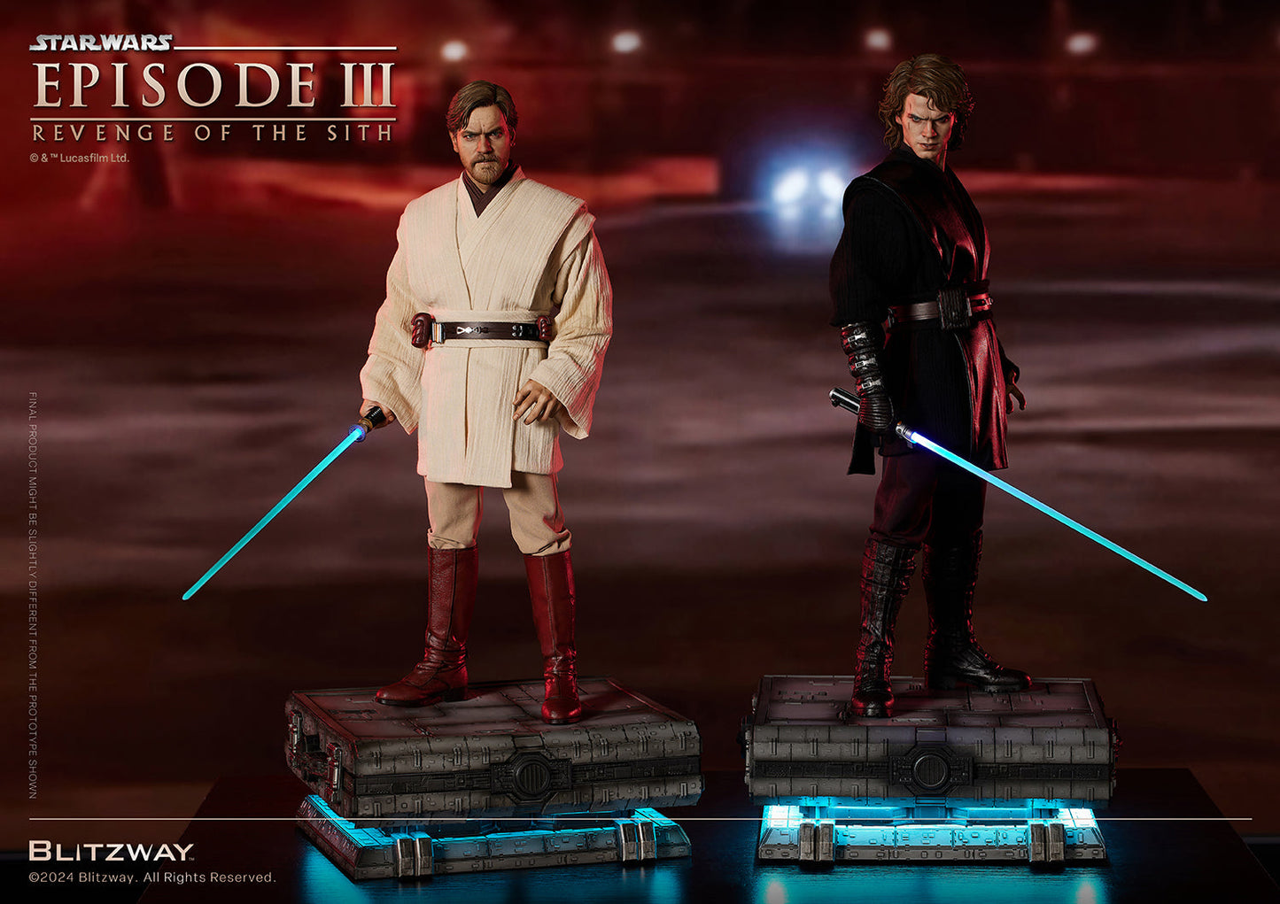 Obi-Wan Kenobi and Anakin Skywalker statues from Star Wars Episode III standing on illuminated bases, each holding blue lightsabers in a dramatic side-by-side pose.
