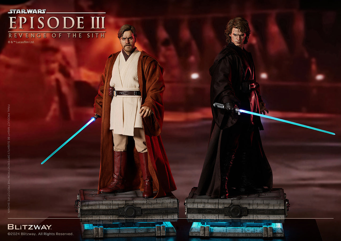 Obi-Wan Kenobi and Anakin Skywalker statues from Star Wars Episode III standing on illuminated bases with blue lightsabers, posed against a fiery red background.