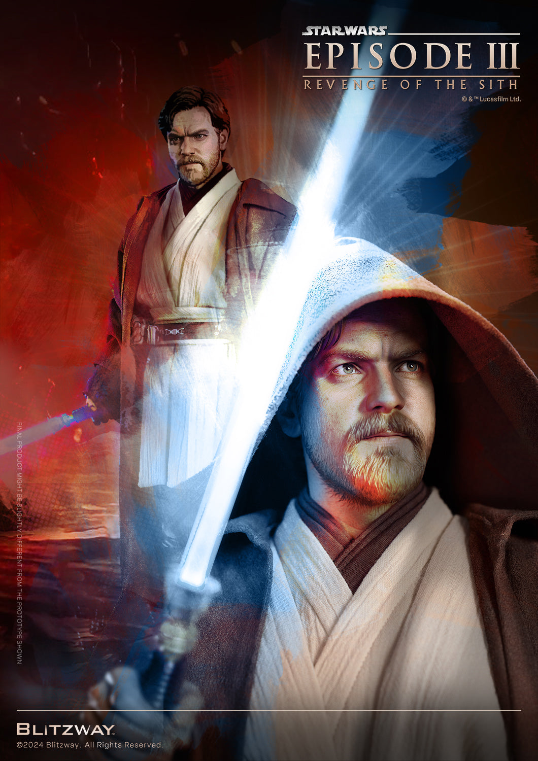 Obi-Wan Kenobi from Star Wars Episode III with lightsaber in stylized key art poster by Blitzway