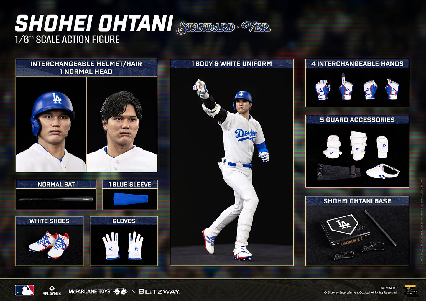 Shohei Ohtani 1/6 Scale Action Figure Standard Version with full accessories, including interchangeable helmet and hair parts, normal head sculpt, interchangeable hands, protective gear, bat, blue sleeve, shoes, gloves, and display base.
