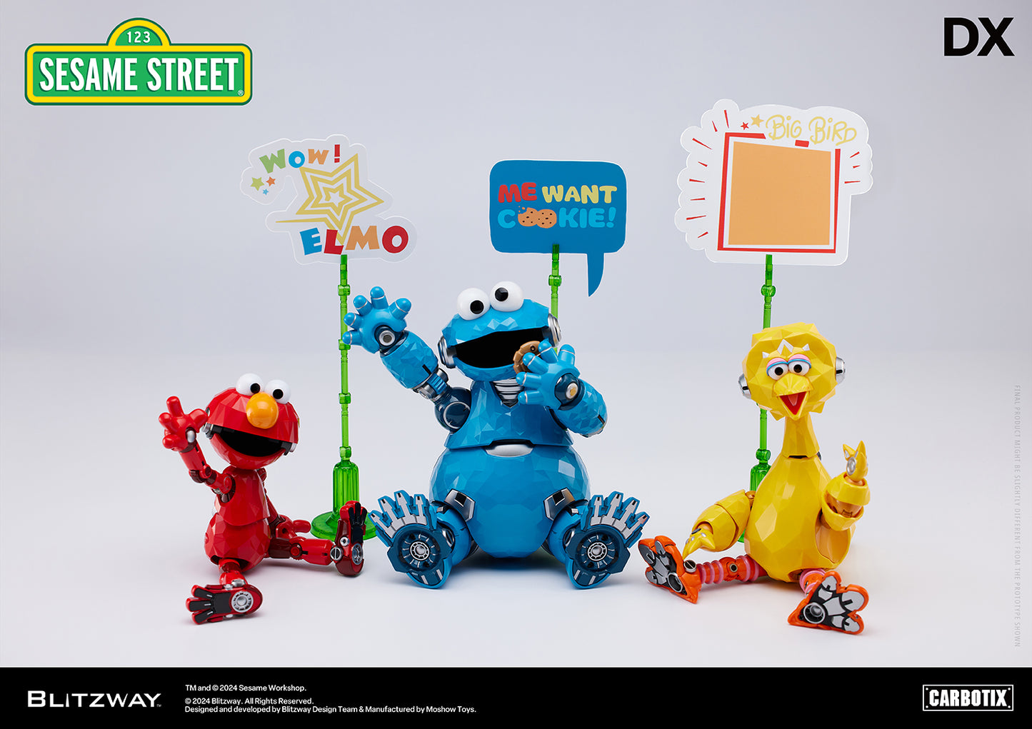 Blitzway DX Carbotix figures of Elmo, Cookie Monster, and Big Bird from Sesame Street seated with colorful speech bubbles displaying their names and quotes.