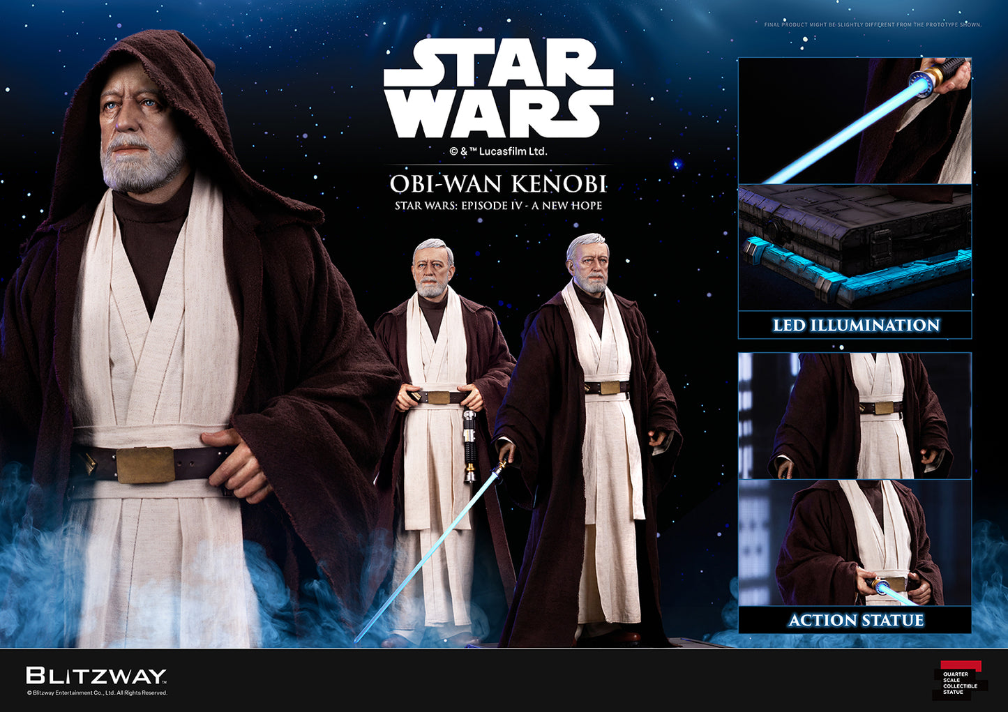 Obi-Wan Kenobi Action Statue feature overview showing multiple views and LED lighting detail from Star Wars Episode IV A New Hope